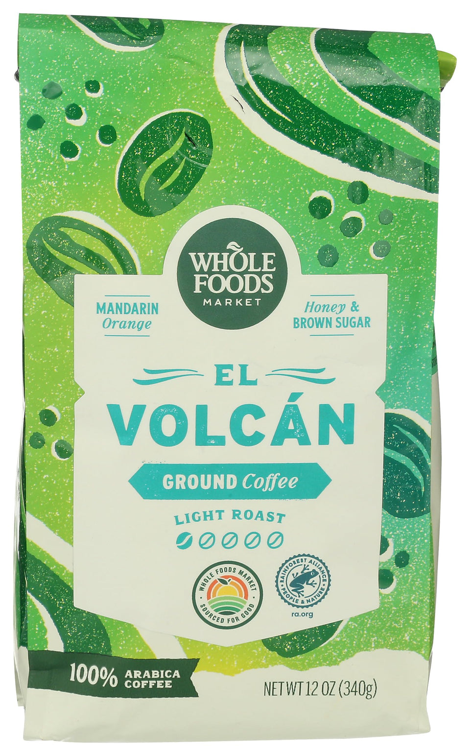 Whole Foods Market El Volcan light roast coffee bag ready for simple drip brewing.