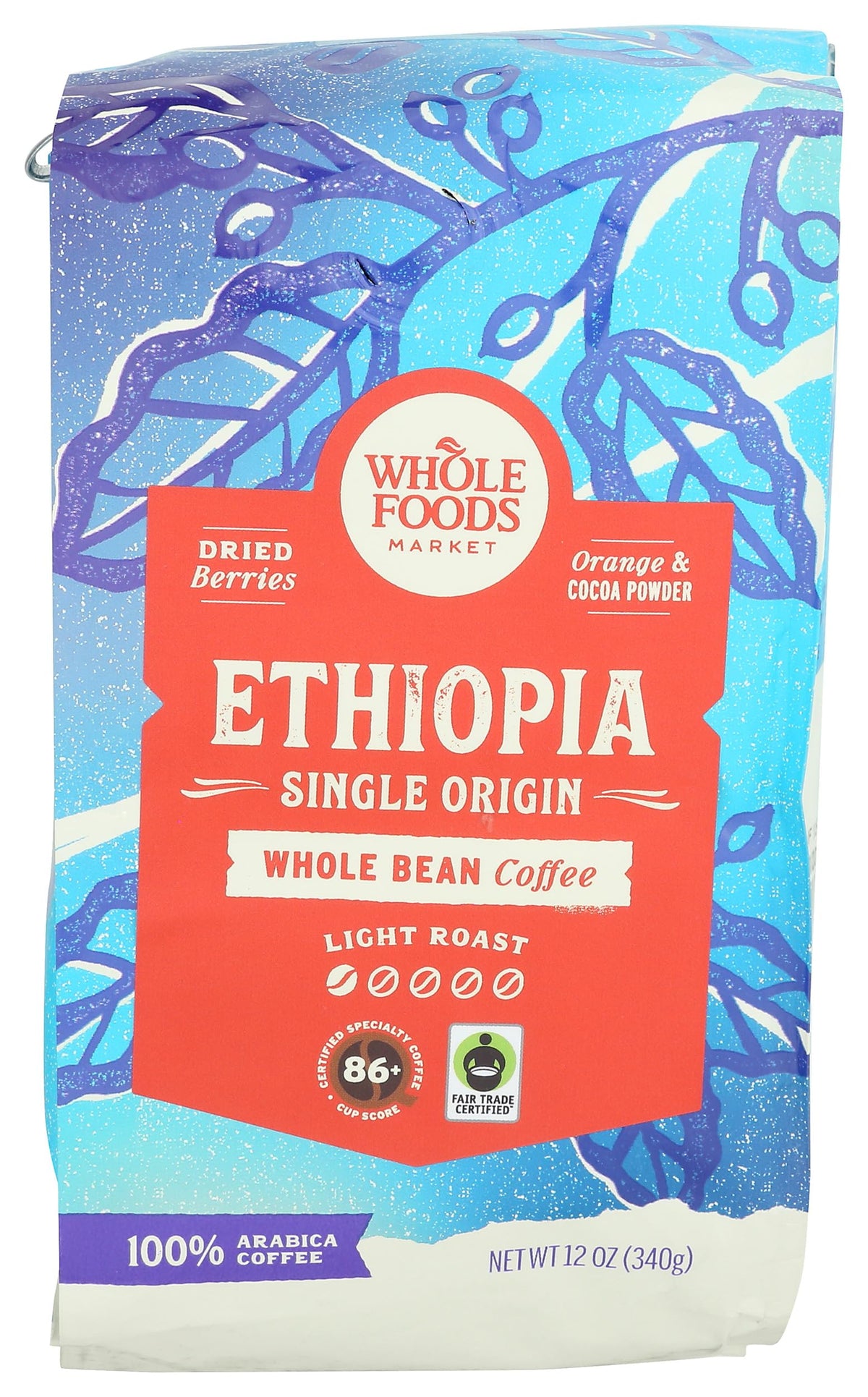 Whole Foods Market Ethiopia single-origin coffee bag highlighting ethical sourcing and light roast.