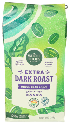 Whole Foods Market extra dark roast coffee bag with bold smoky aroma for espresso.