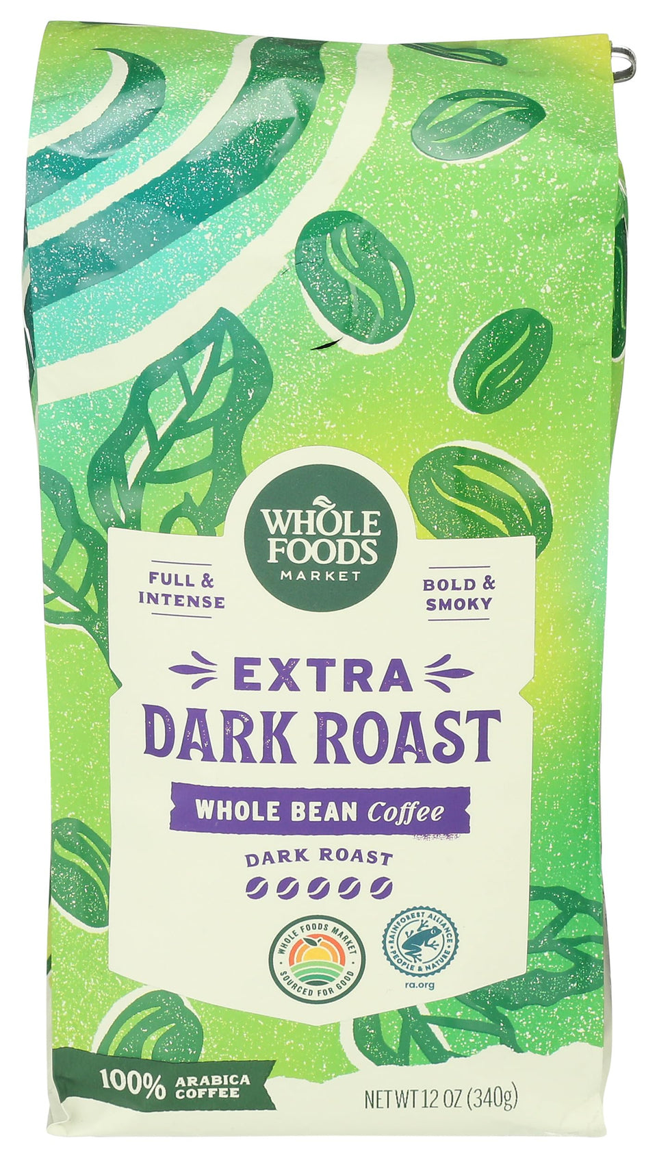 Whole Foods Market extra dark roast coffee bag with bold smoky aroma for espresso.