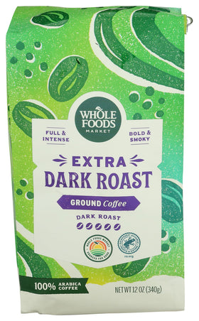 Whole Foods Market Extra Dark Roast ground coffee pack with bold label and rich aroma