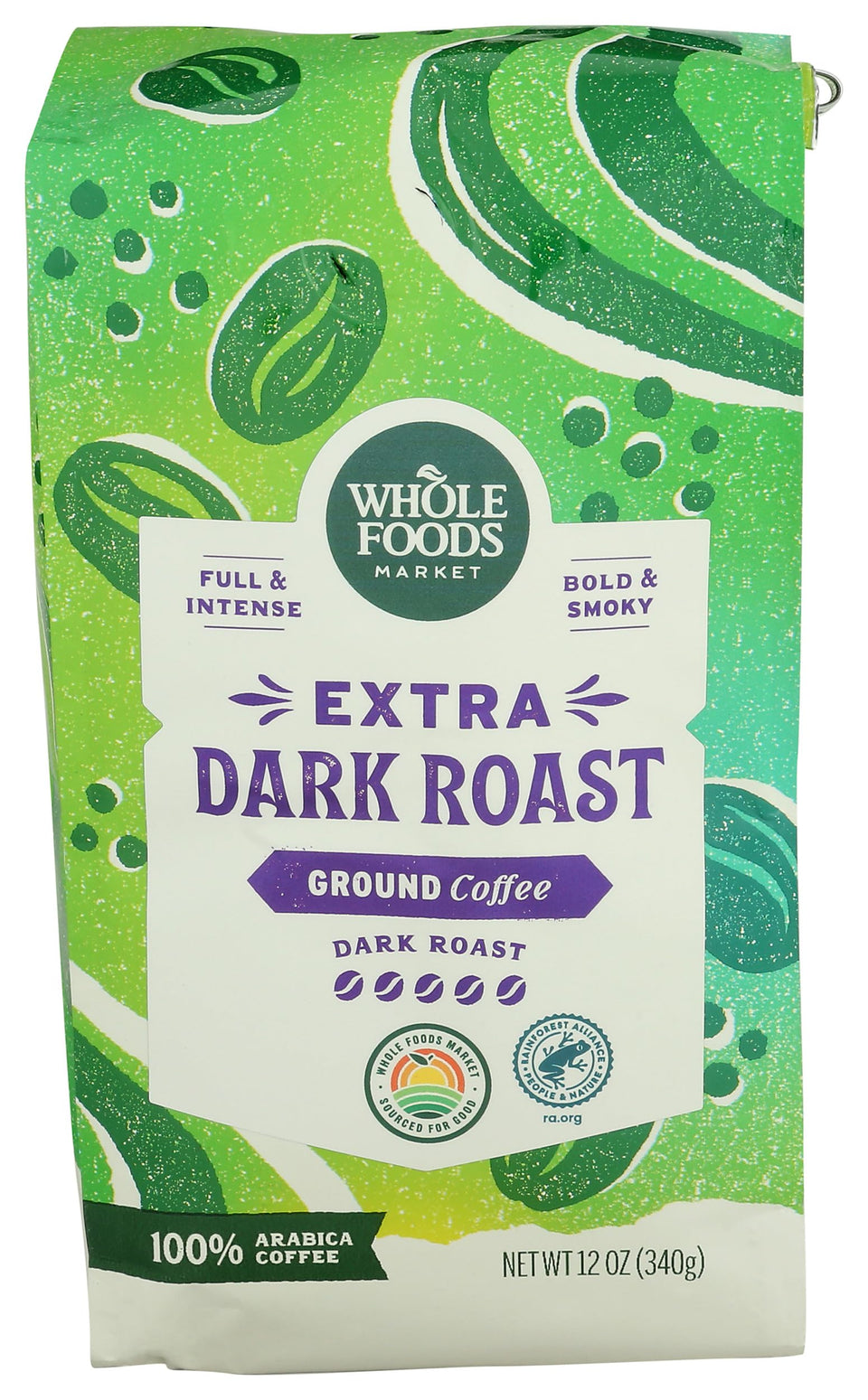 Whole Foods Market Extra Dark Roast ground coffee pack with bold label and rich aroma