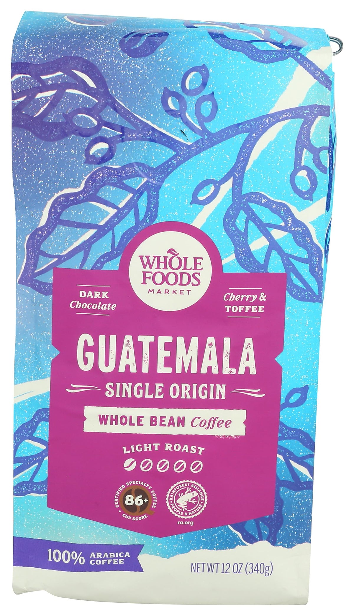 Whole Foods Market Guatemala coffee beans front label showcases sustainable sourcing and medium roast.