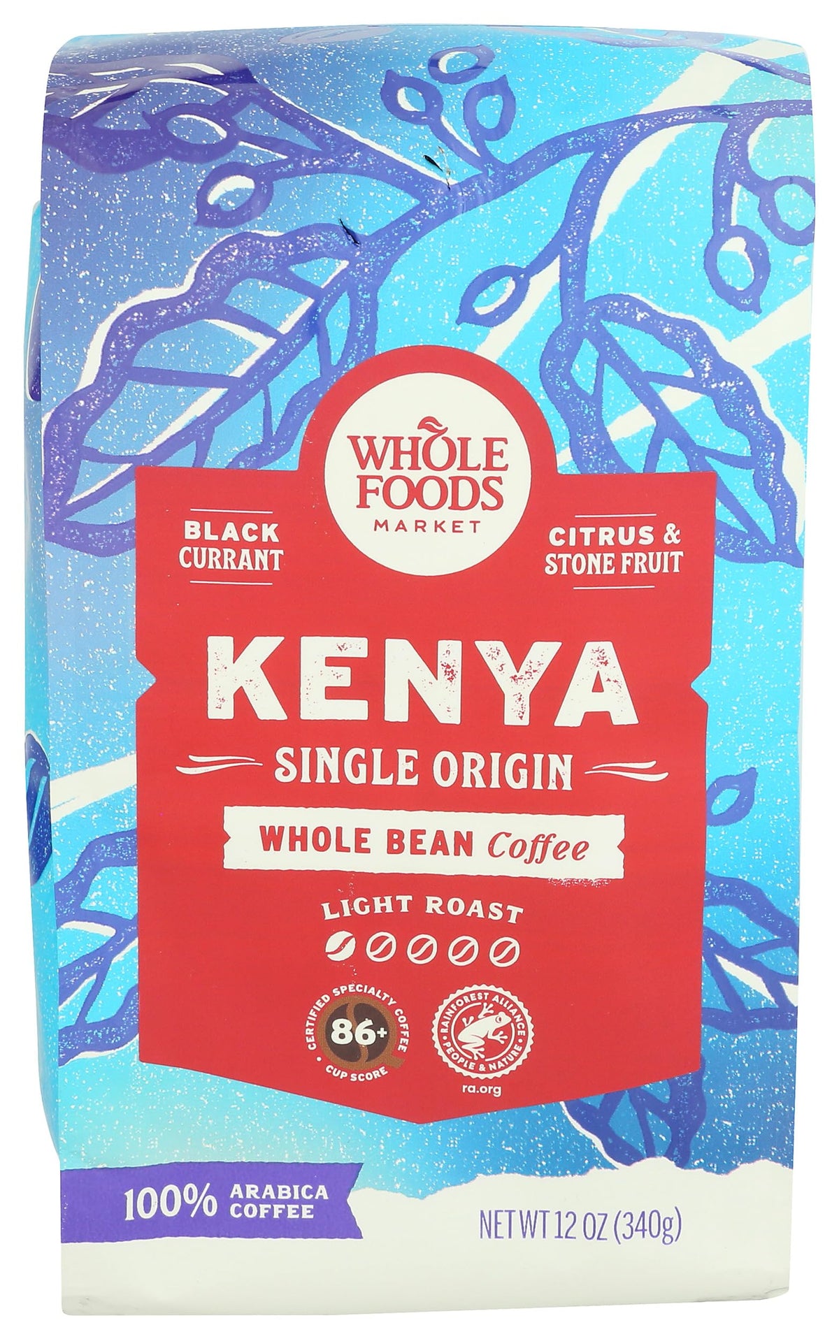 Whole Foods Market Kenya coffee bag shows light roast and freshness.