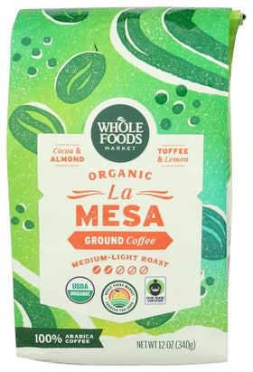 Whole Foods Market La Mesa coffee bag front displaying cocoa and lemon notes.