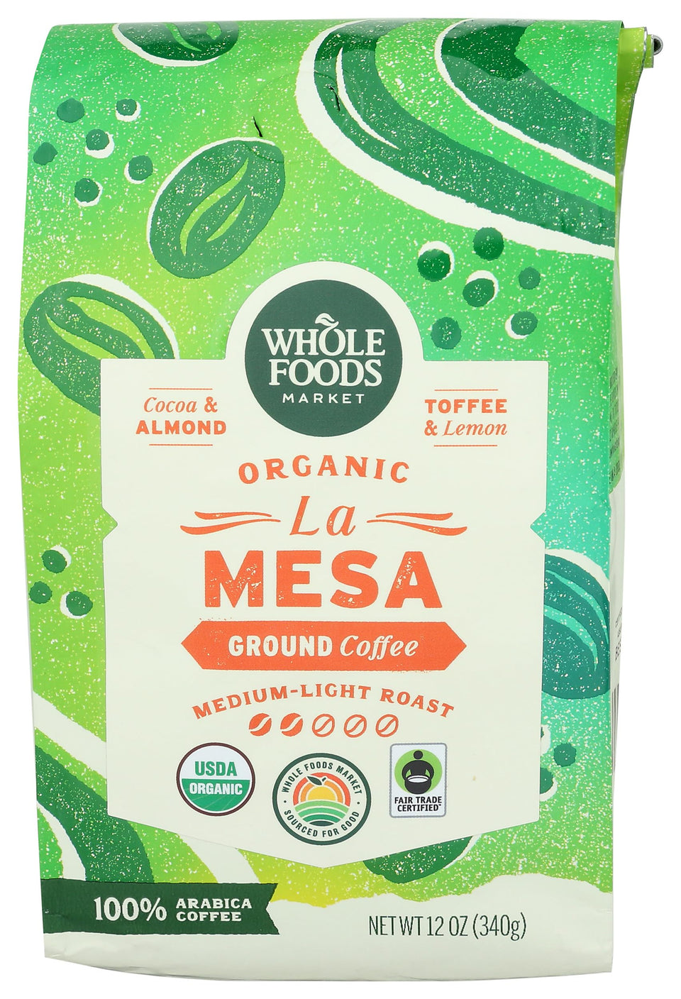 Whole Foods Market La Mesa coffee bag front displaying cocoa and lemon notes.