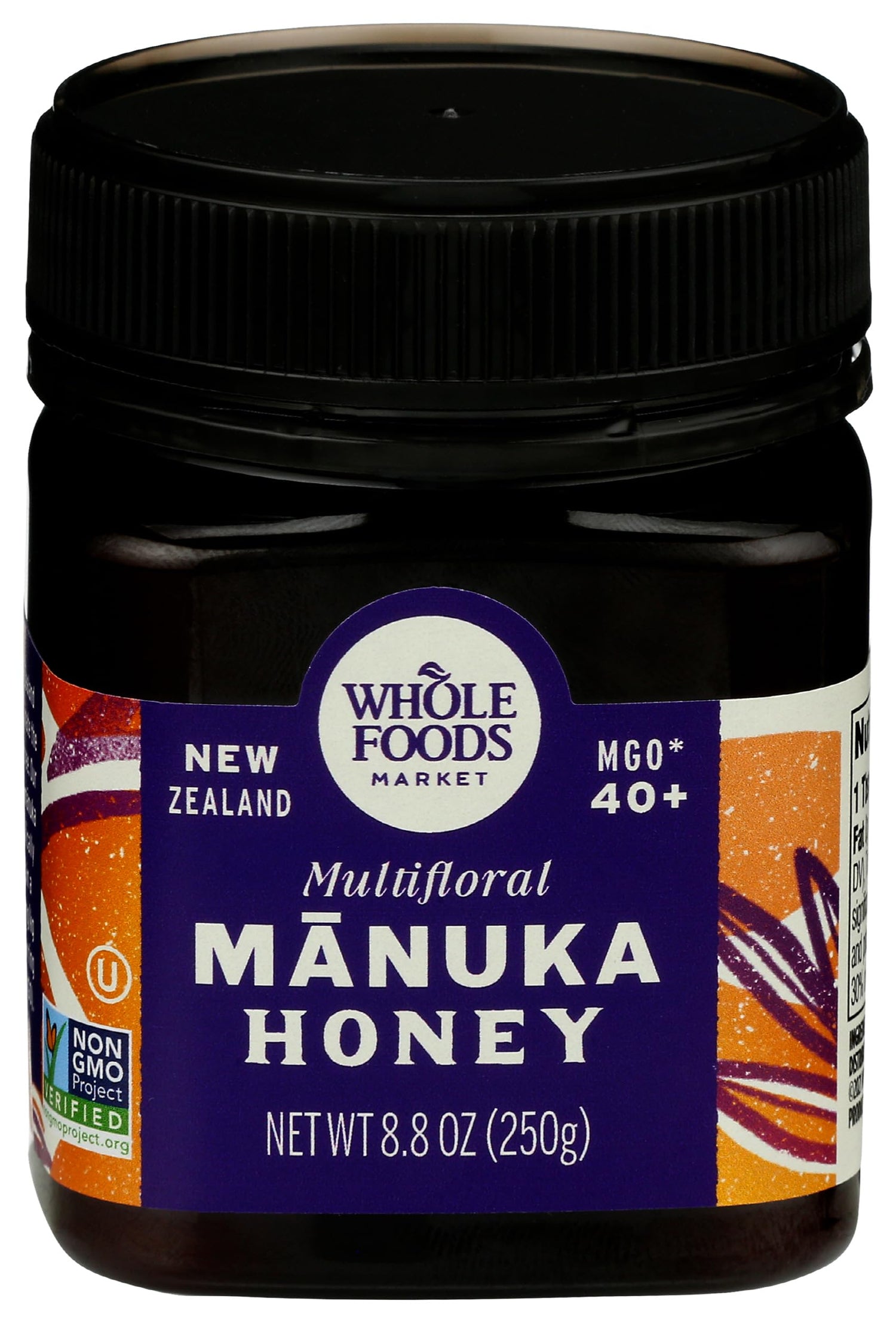 Whole Foods Market multifloral Manuka honey jar showing rich, complex flavor for tea and toast