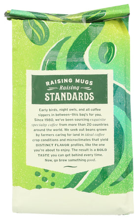 Close-up of Whole Foods Market Organic Breakfast Blend grounds highlighting light roast aroma.