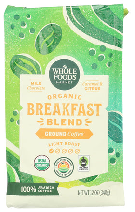 Whole Foods Market Organic Breakfast Blend ground coffee in a resealable bag for freshness.