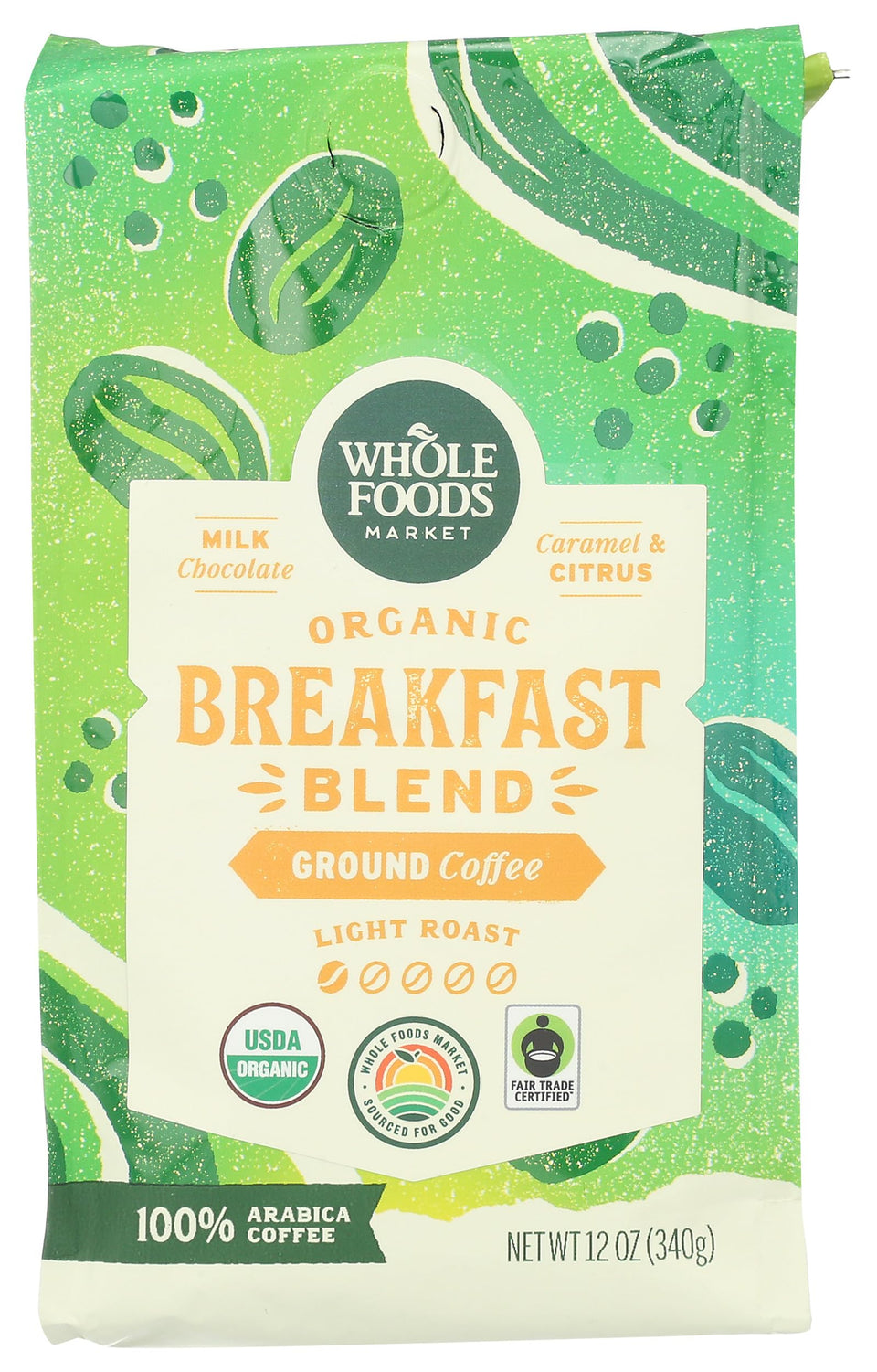 Whole Foods Market Organic Breakfast Blend ground coffee in a resealable bag for freshness.