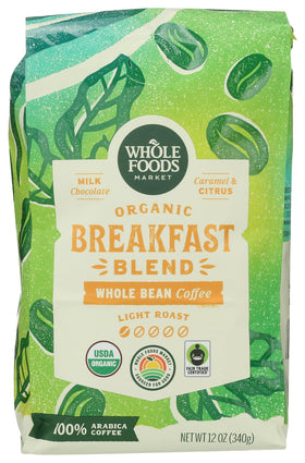 Whole Foods Market Organic Breakfast Blend whole bean coffee for a smooth morning start.