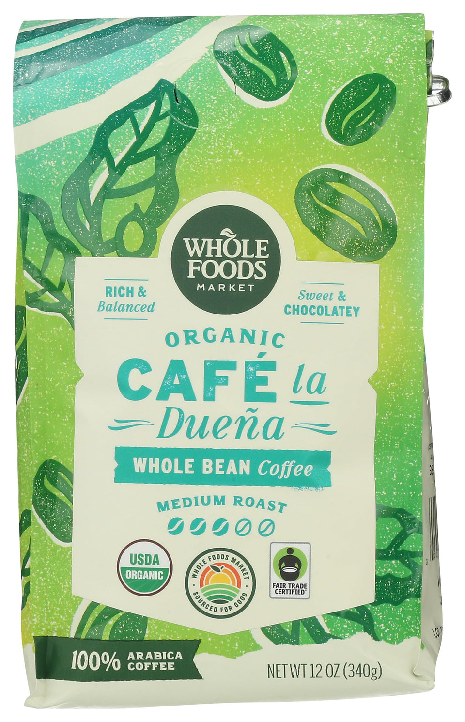 Whole Foods Market Organic Cafe La Duena coffee aroma cup highlights rich aroma and smooth flavor