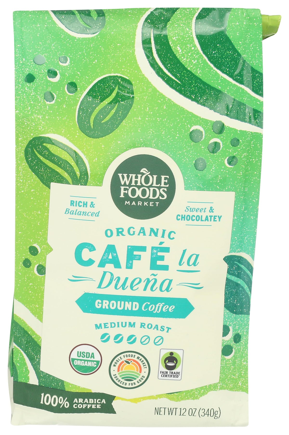 Whole Foods Market Organic Café La Duena ground coffee bag ready for pantry freshness.