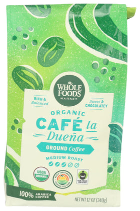 Whole Foods Market Organic Café La Duena ground coffee bag ready for pantry freshness.