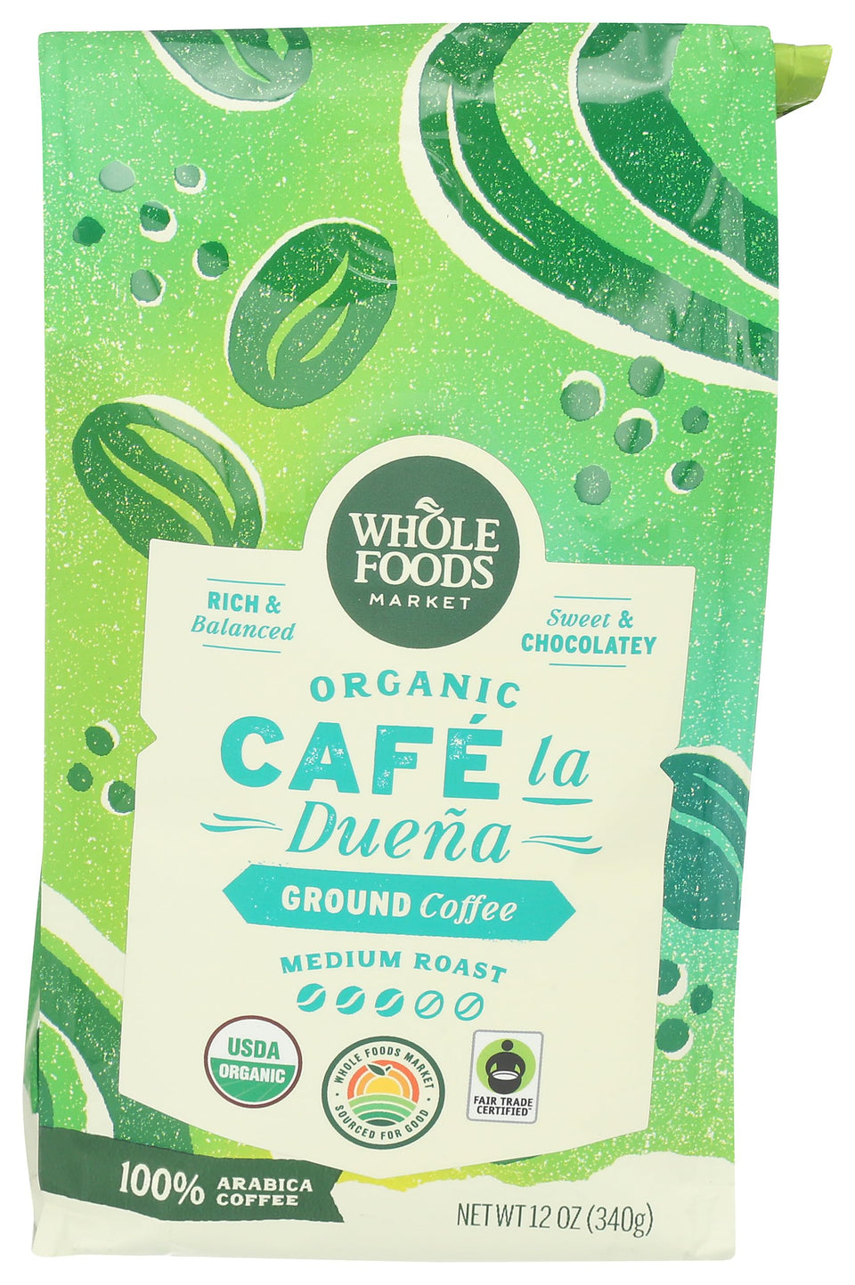 Whole Foods Market Organic Café La Duena ground coffee bag ready for pantry freshness.