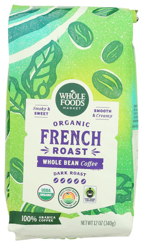 Whole Foods Market Organic Dark French Roast coffee bag shows rich aroma for mornings