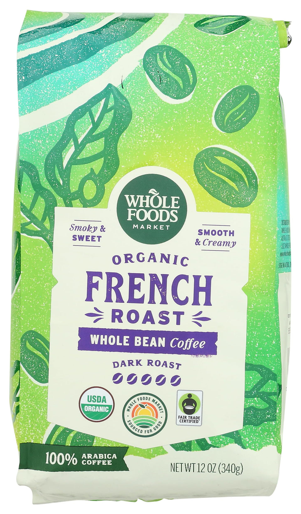 Whole Foods Market Organic Dark French Roast coffee bag shows rich aroma for mornings