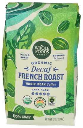 Whole Foods Market Organic Decaf Coffee bag with dark French roast and smoky aroma
