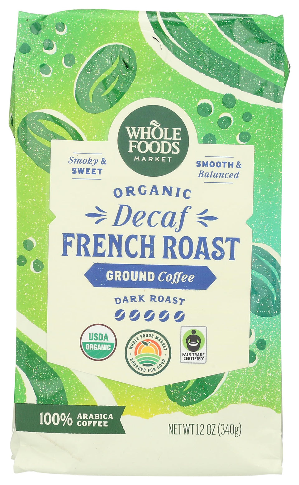 Whole Foods Market organic decaf coffee packaging signals eco-conscious sourcing.