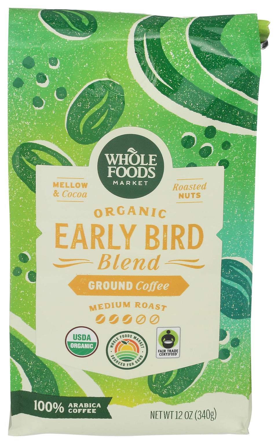 Whole Foods Market Organic Early Bird Blend coffee bag emphasizing freshness