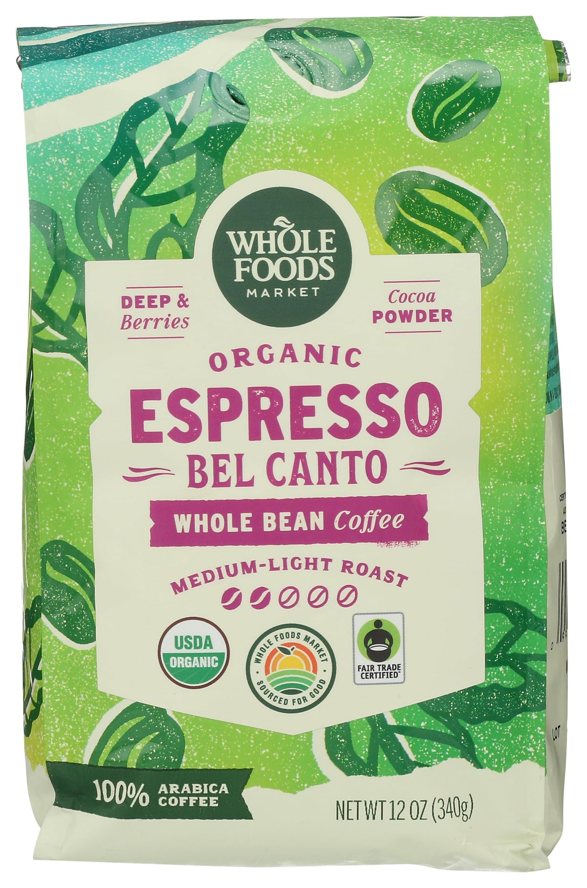 Whole Foods Market Organic Espresso Bel Canto beans ready for brewing with berry and cocoa notes