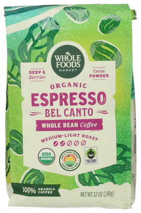 Whole Foods Market Organic Espresso Bel Canto beans ready for brewing with berry and cocoa notes