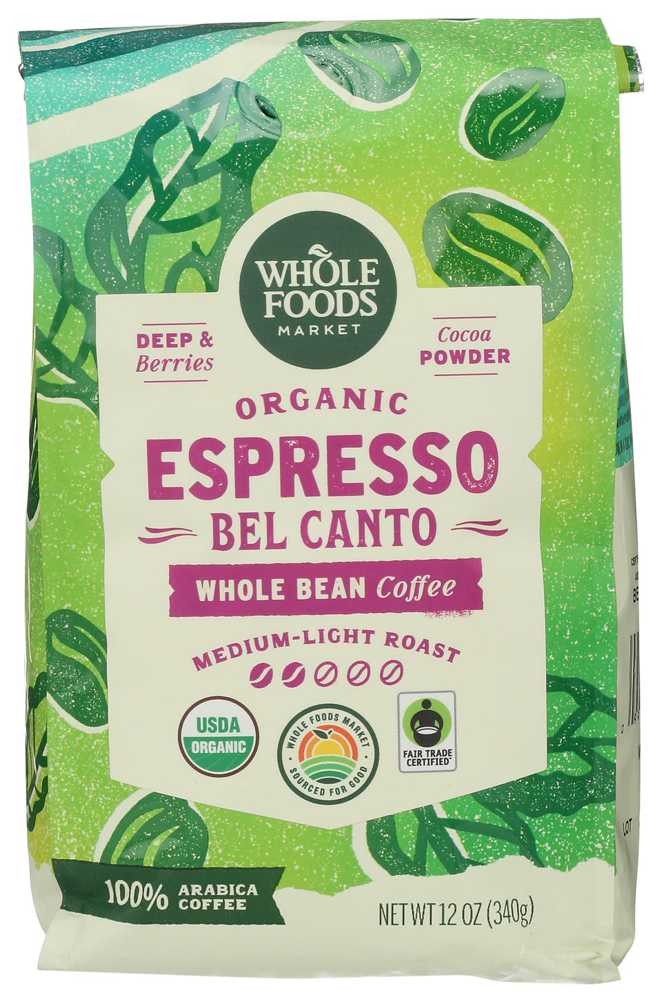 Whole Foods Market Organic Espresso Bel Canto beans ready for brewing with berry and cocoa notes