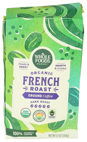 Whole Foods Market organic ground coffee bag featuring Dark French Roast for bold, smoky aroma.
