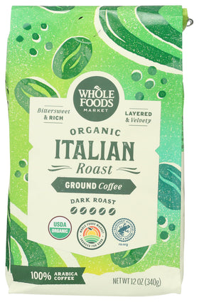 Whole Foods Market Organic Ground Coffee dark Italian roast bag, ideal for daily brewing.