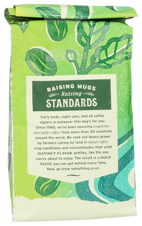 Whole Foods Market Organic La Mesa coffee beans closeup highlights aroma richness.