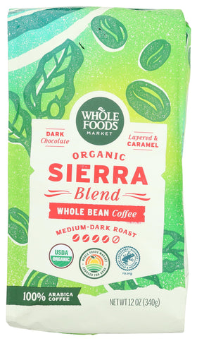 Whole Foods Market Organic Sierra Blend coffee beans reveal rich dark chocolate notes.