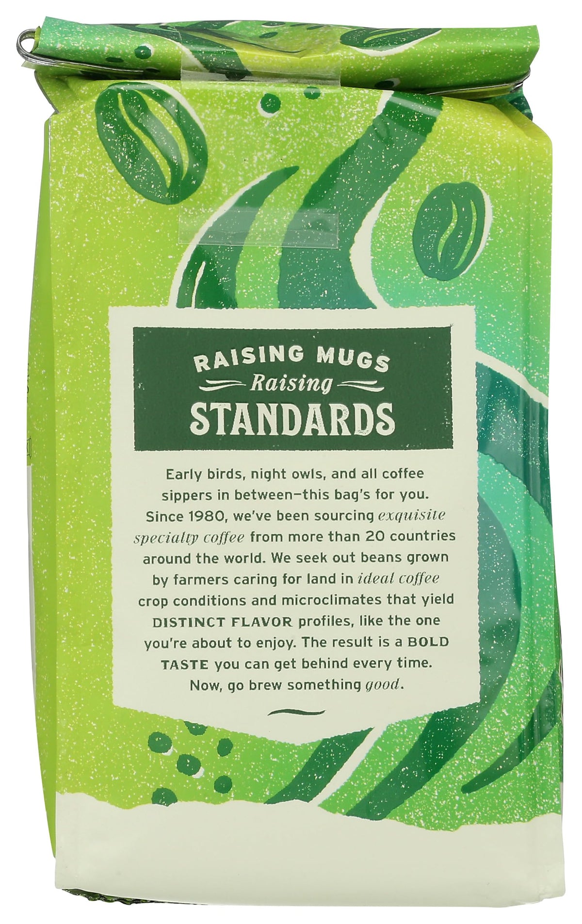 Back of Rainforest Blend bag with certifications and sustainable details.