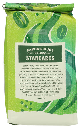 Back of Rainforest Blend bag with certifications and sustainable details.