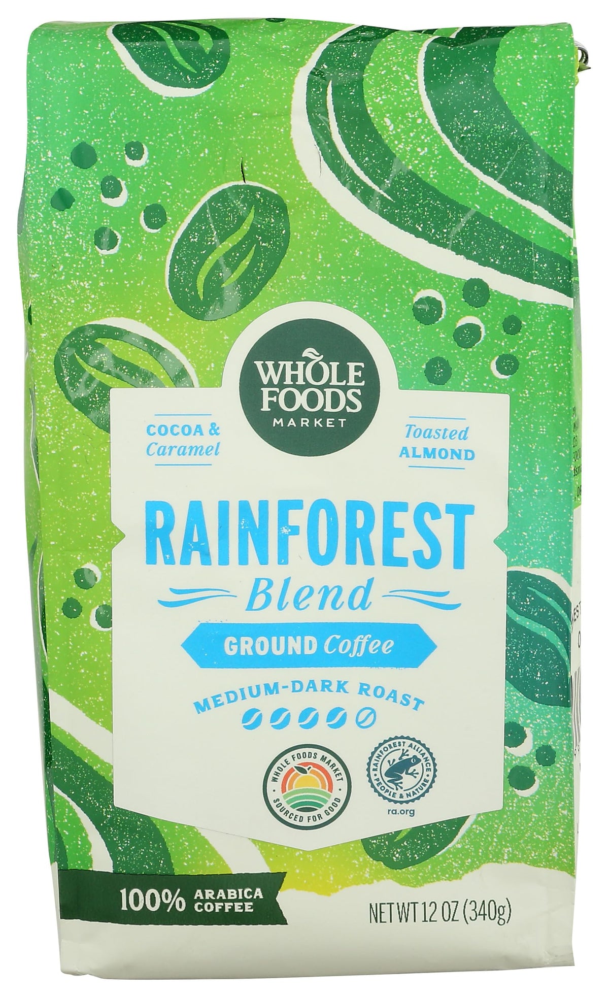 Whole Foods Market Rainforest Blend coffee bag front for everyday brewing.