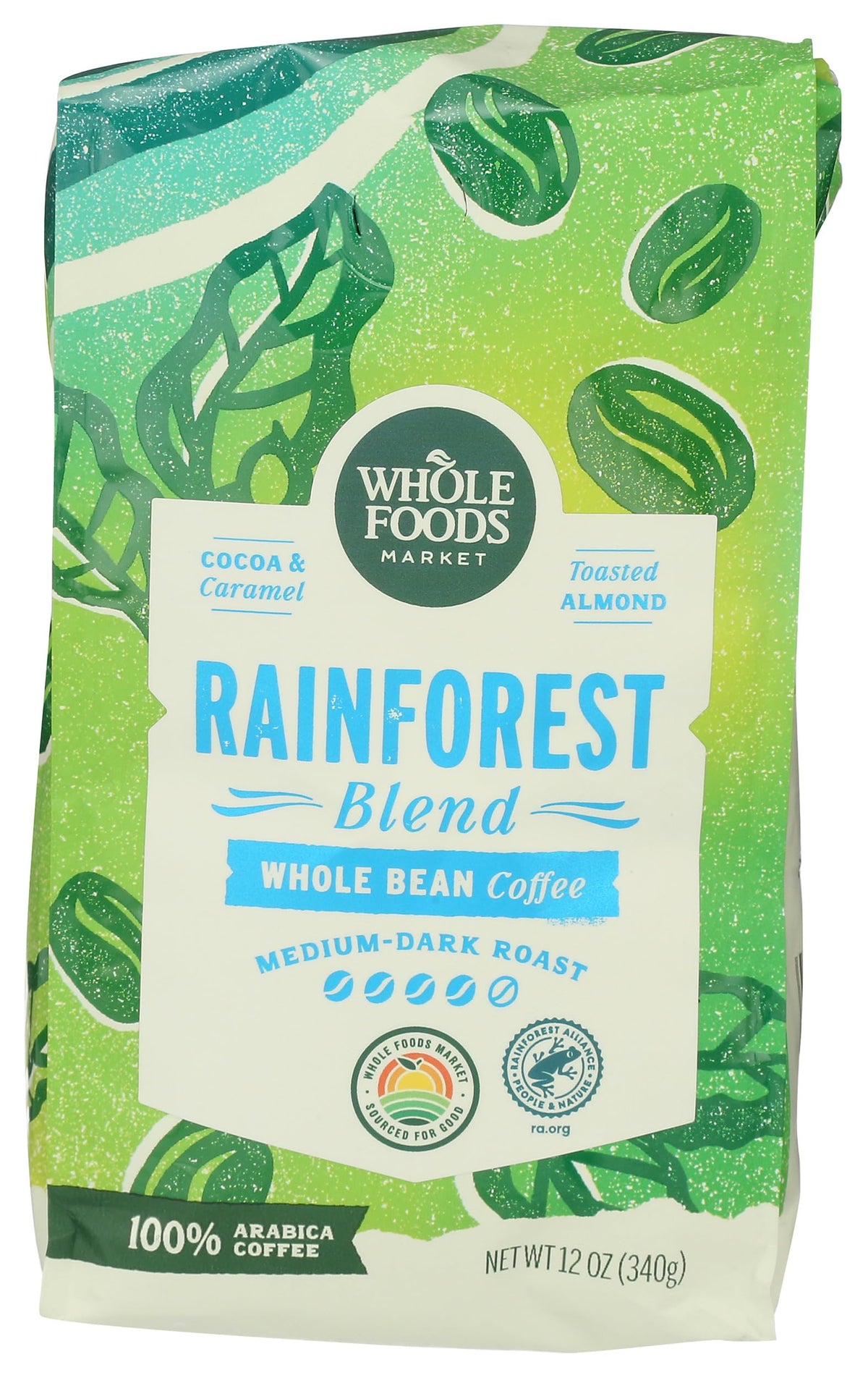 Whole Foods Market Rainforest Blend coffee beans ready for home grinding