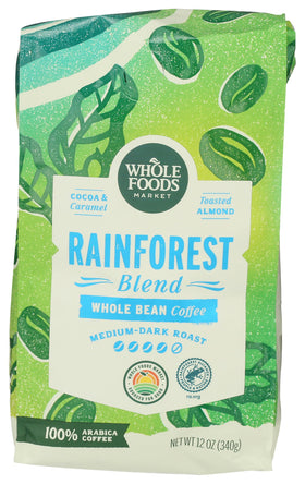 Whole Foods Market Rainforest Blend coffee beans ready for home grinding