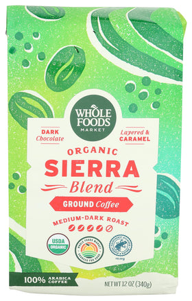 Whole Foods Market Sierra Blend ground coffee bag for quick, flavorful mornings.