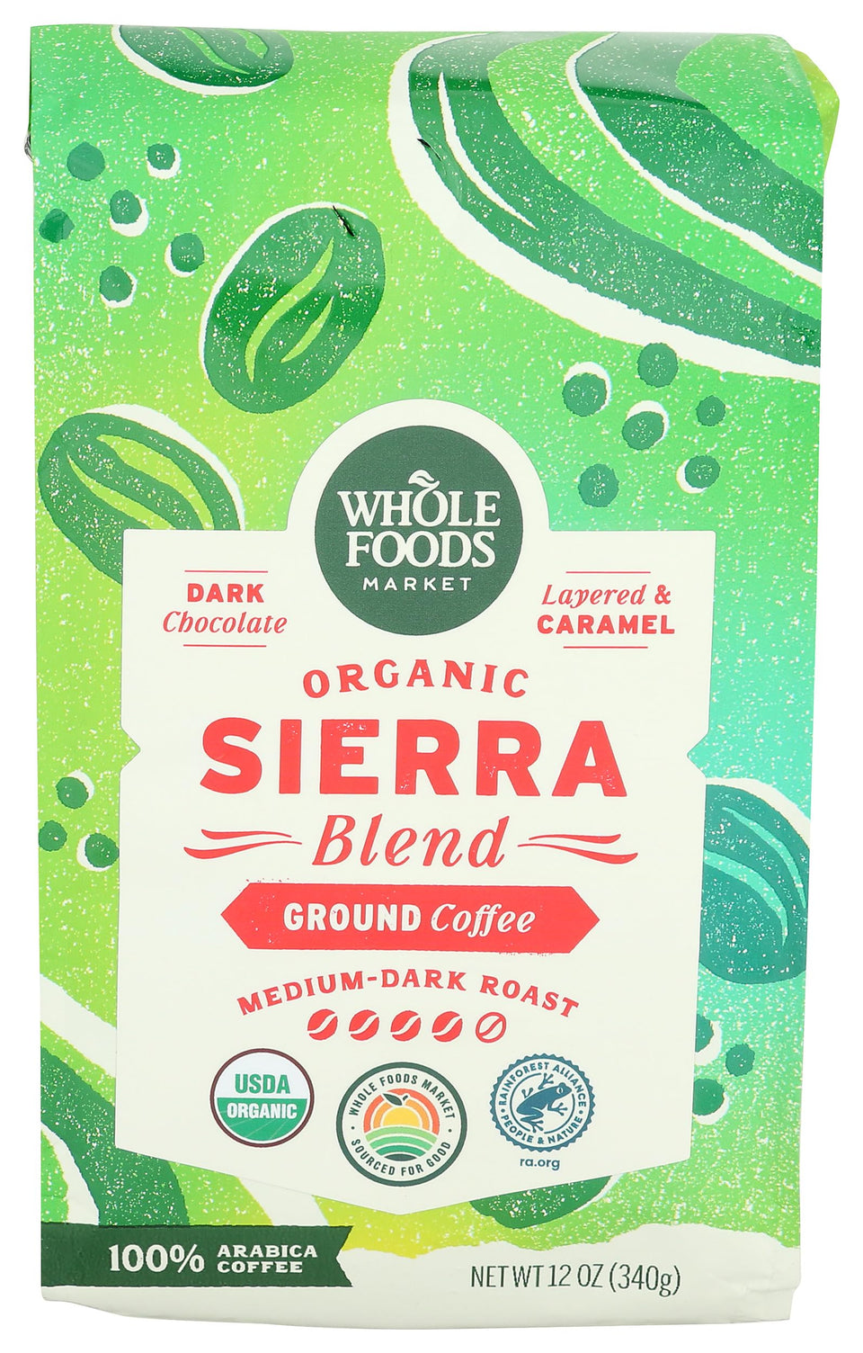 Whole Foods Market Sierra Blend ground coffee bag for quick, flavorful mornings.