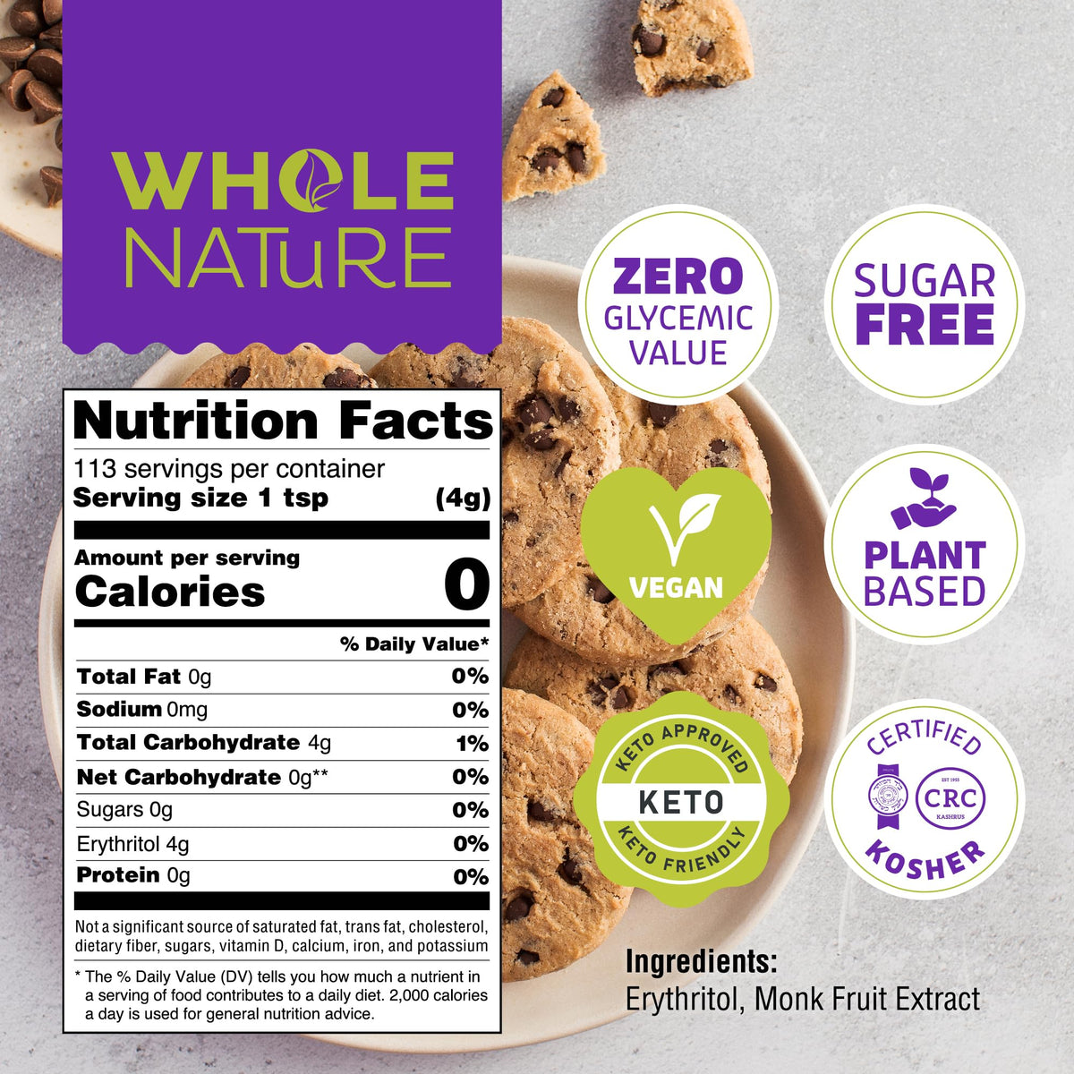 Whole Nature monk fruit sweetener bottle pour demonstrates keto friendly sweetness.