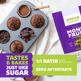 Whole Nature monk fruit sweetener in coffee demonstrates cup-for-cup substitution.