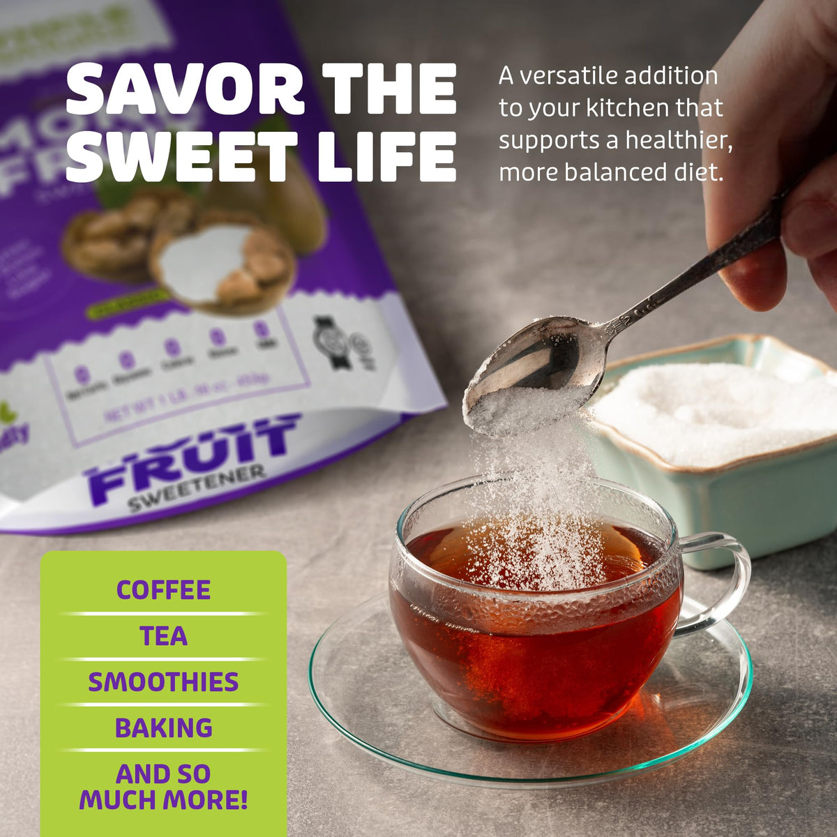 Whole Nature monk fruit sweetener in tea shows sugar free flavor enhancement.