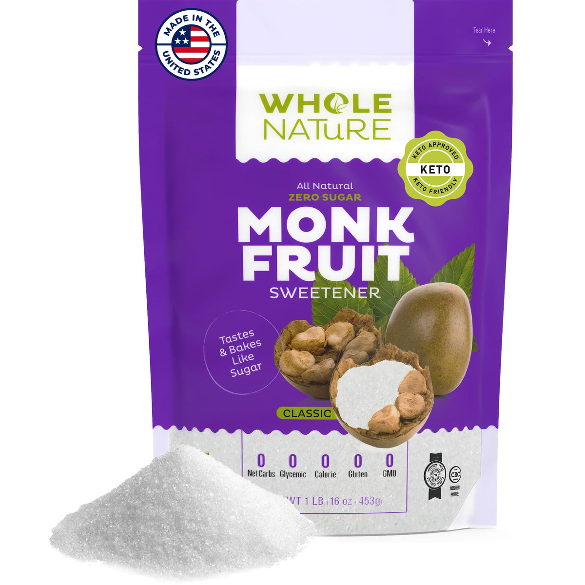Whole Nature monk fruit sweetener pack shot shows zero calorie sugar substitute.