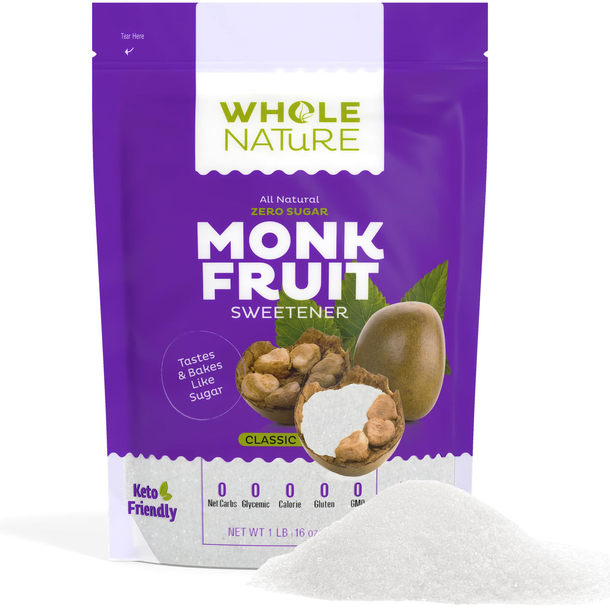 Whole Nature monk fruit sweetener storage pack kept in pantry near ingredients.
