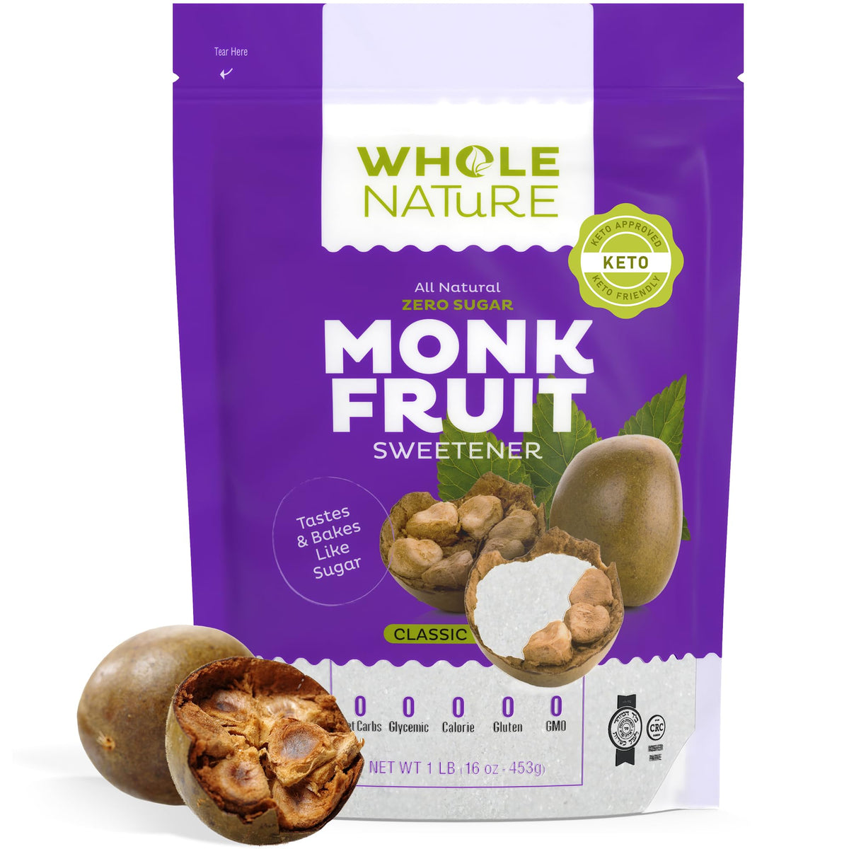 Whole Nature monk fruit sweetener USA made 16 oz packaging on shelf.