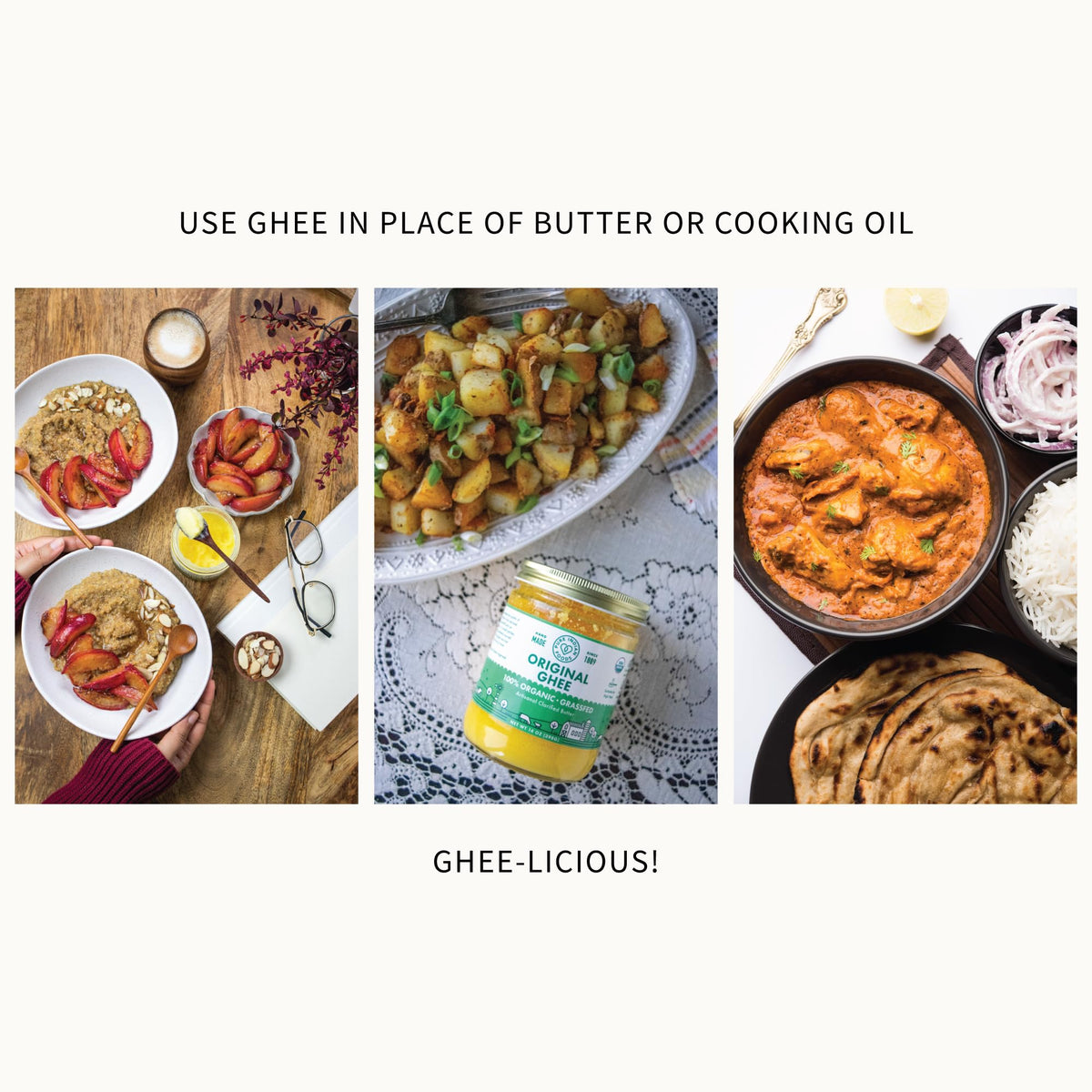 Pure Indian Foods Whole30-approved ghee label signals clean-eating compatibility.