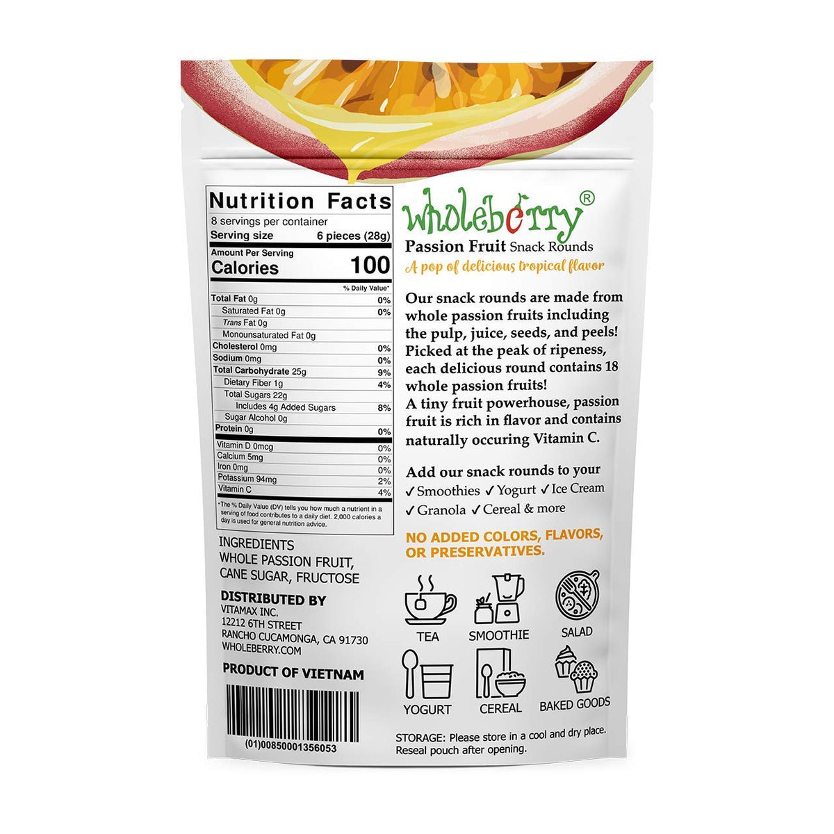 Wholeberry 8 oz bag of dried maracuja showcases vibrant purple fruit and convenient packing.