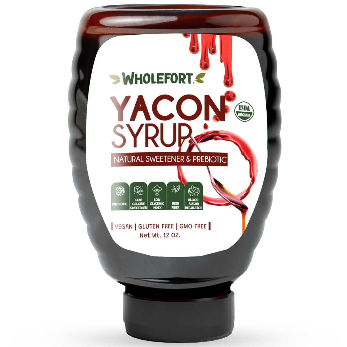 Wholefort Yacon Syrup bottle close-up showing organic sweetness.