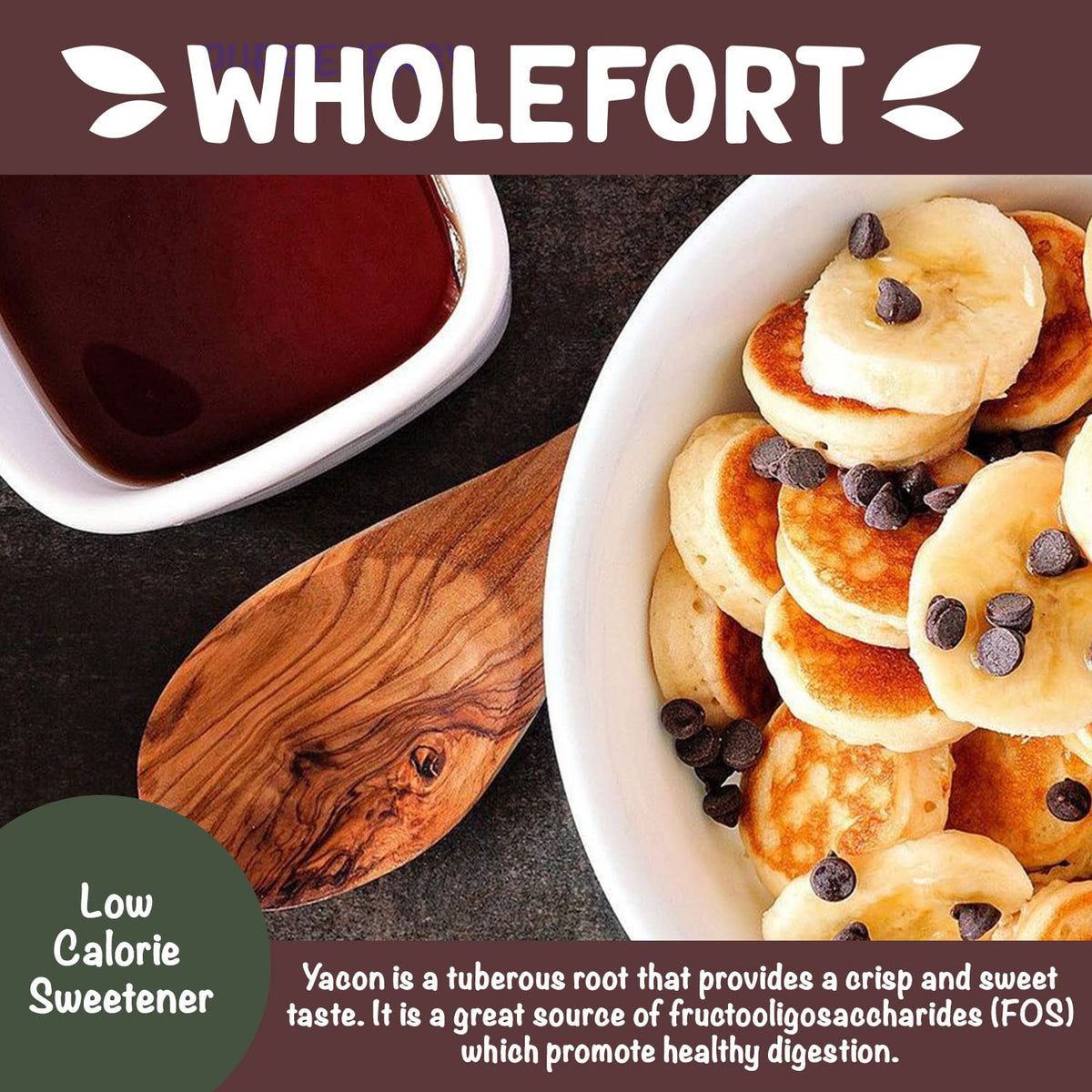 Wholefort Yacon Syrup label detail emphasizes organic and vegan credentials.