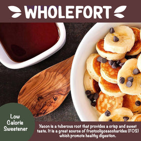 Wholefort Yacon Syrup label detail emphasizes organic and vegan credentials.