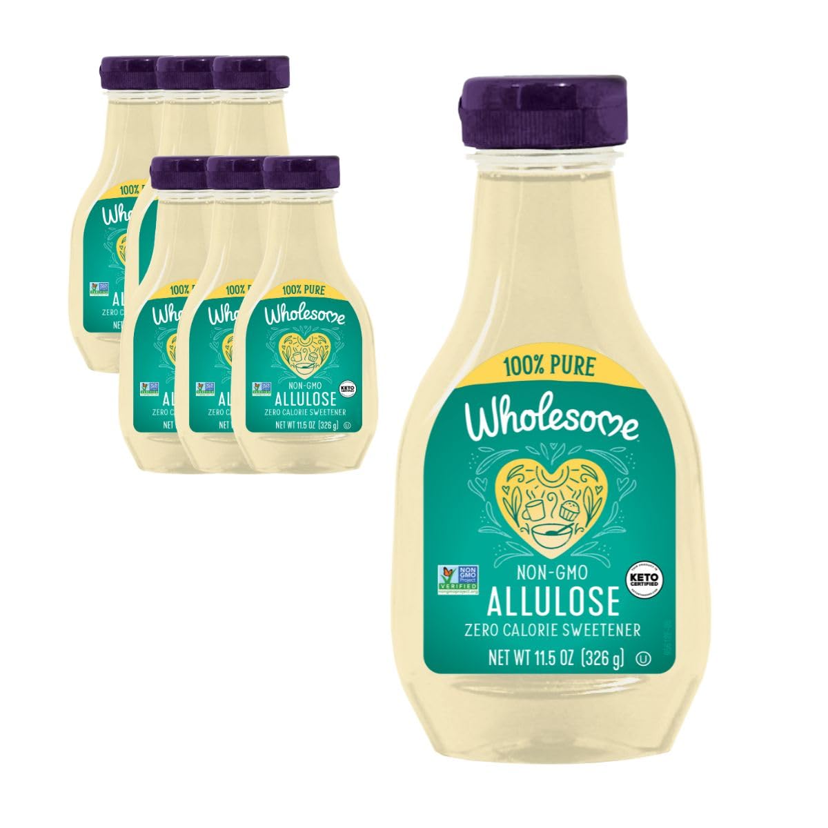 Wholesome Allulose liquid sweetener bottle pour, zero calorie sweetness for coffee or tea.